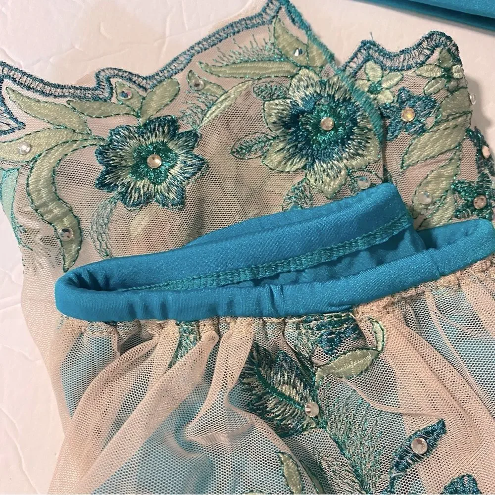 Solo custom dance costume 2 piece teal lyrical  rhinestoned embroidered MC child